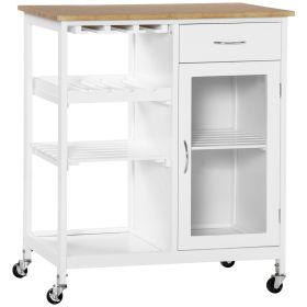 White Kitchen Island, Portable Rolling Utility Cart with Bamboo-Effect Top & Slatted Shelf