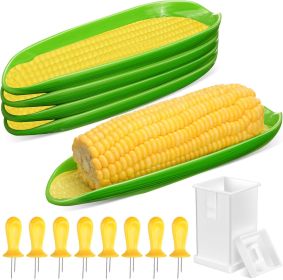 4 Pcs Melamine Corn Dishes with 8 Pcs Holders and 1 Butter Spreaders, Corn on the Cob Skewers Service Tray for BBQ Tools Cob Dinnerware Set