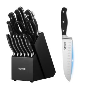 Kitchen Knife Set with Block and Sharpener, 15 Piece High Carbon Stainless Steel Sharp Knife Set, Kitchen Cutlery with Crack-Resistant Handle