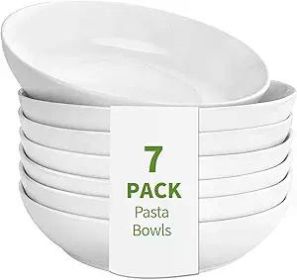 7 Pack Porcelain Pasta Bowls Ceramic , Large Serving Bowl, Wide and Shallow, Set 8.3 Inch - 30 Ounce - for Pasta, Salad, Cereal
