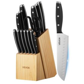 Kitchen Knife Set with Block and Sharpener, 15 Piece High Carbon Stainless Steel Sharp Knife Set, Kitchen Cutlery with Ergonomic Handle