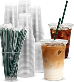 100 Pack 16oz Plastic Cups with Lids and Green Straws, Clear Disposable Iced Coffee Cups, Food Safe Cold Drink Cups for Bubble Tea, Smoothies & S