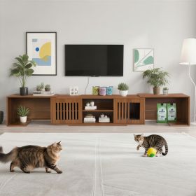 Mid-Century Modern 54.3 Extendable TV Stand Up To  With Cat House  Litter Box Enclosure  Walnut Wood Entertainment Center, Sliding Doors, Hidden (Option: Walnut)