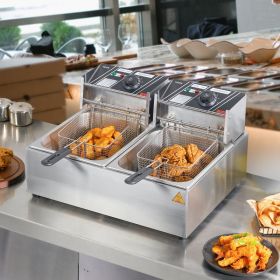 Commercial Electric Deep Fryer Countertop Deep Fryer Dual Detachable Tanks (Option: Silver)