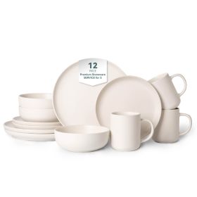 12-Piece Stoneware Dinnerware Sets with Mugs | Microwave & Dishwasher Safe | Non-Toxic Dinner Plates Bowls Set | Stackable Matte Glaze Kitchenwar (Main Material: Stone, Main Color: White)