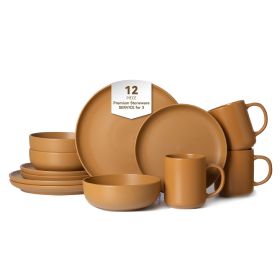 12-Piece Stoneware Dinnerware Sets with Mugs | Microwave & Dishwasher Safe | Non-Toxic Dinner Plates Bowls Set | Stackable Matte Glaze Kitchenwar (Main Material: Stone, Main Color: Orange)
